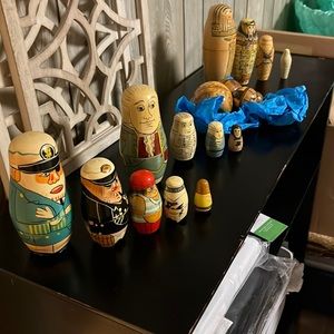 4 sets of nesting dolls: pirates, founding fathers, globes, and egyptian